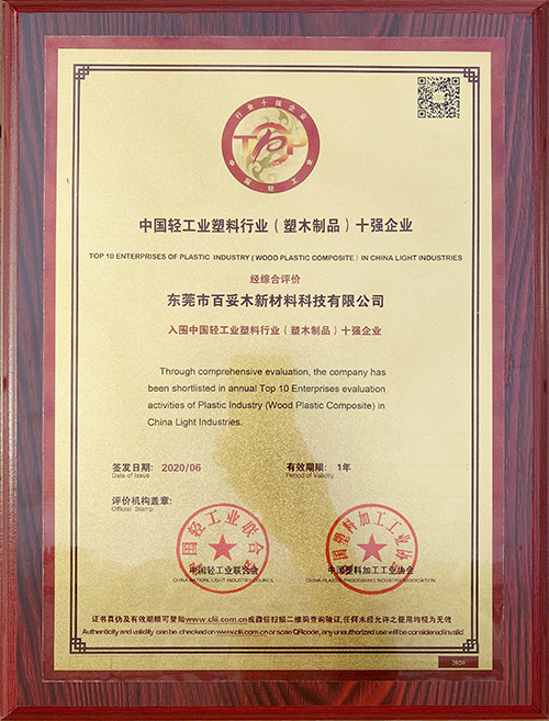 中國輕工業(yè)塑料行業(yè)（塑木制品）十強(qiáng)企業(yè)